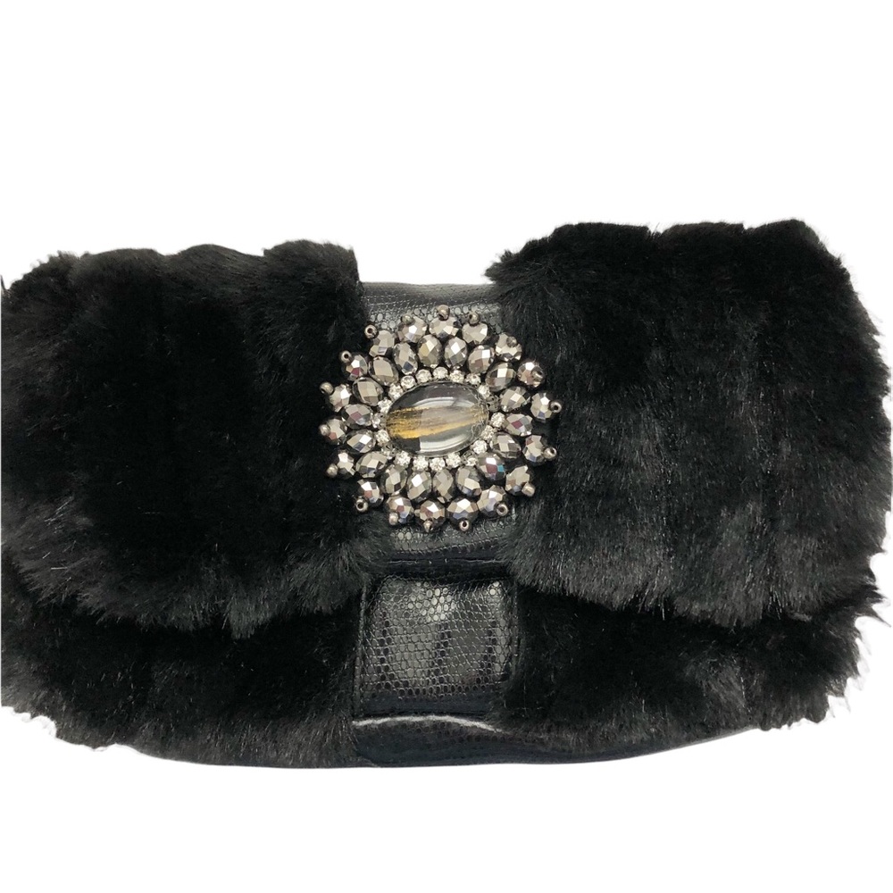 NEW Irene Black Fur and Leather Rhinestone Embellished Clutch